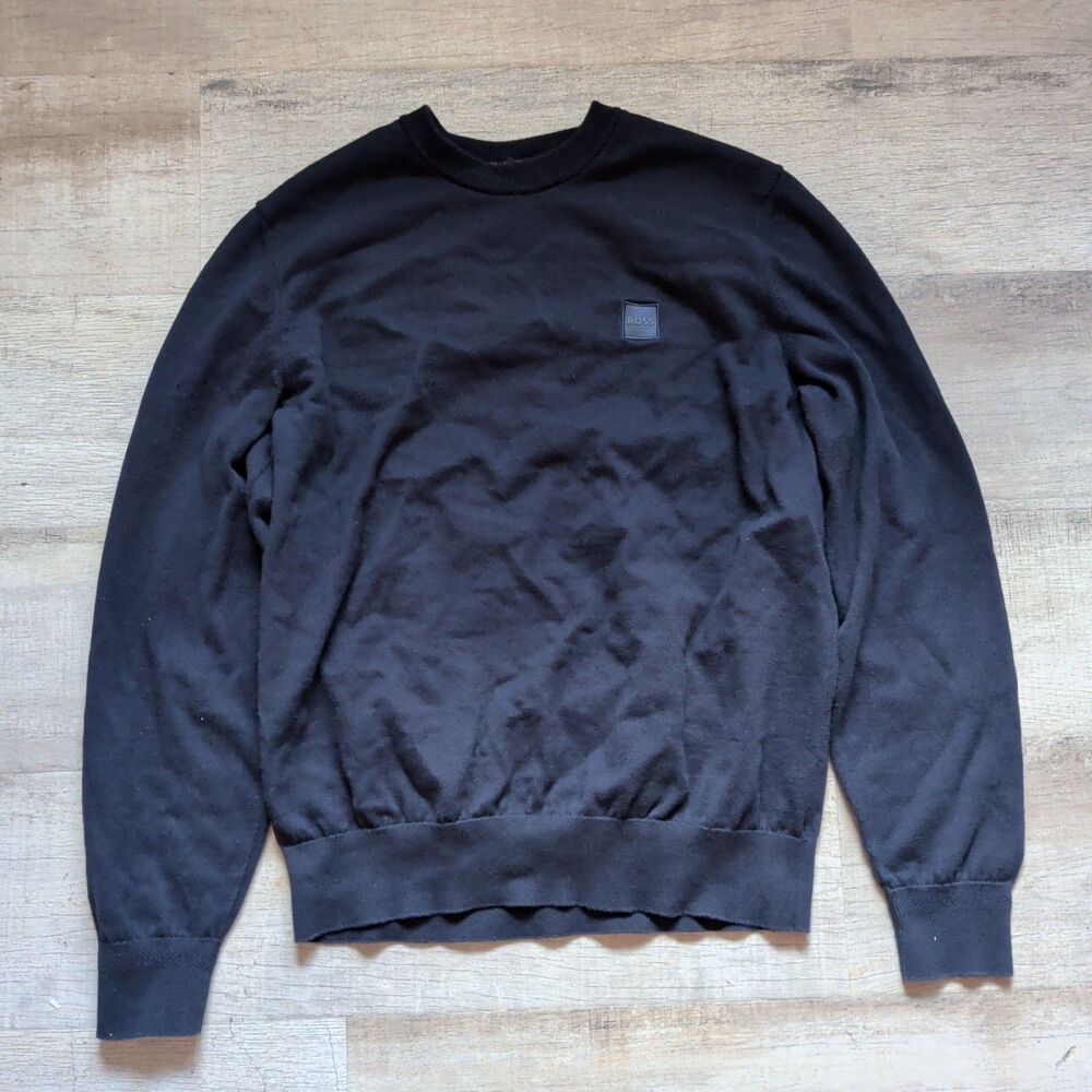 BOSS Hugo Boss Mens Black Crewneck Sweater Long Sleeve Logo Patch Size XL